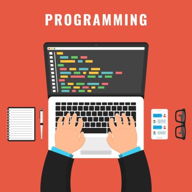 Programmer coding on laptop computer on work desk. Code on the screen laptop. Vector illustration. clipart svg vector 