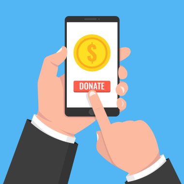 Online kavramı bağış yapın. Altın sikke ve düğme sahip ekran üzerinde tutan el. Vektör çizim. 