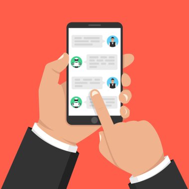 Sohbet etmek kavramı. Kullanıcı sohbet bot smartphone cep telefonu ile sohbet. Kullanıcı konuşmak ile bot içinde haberci. Vektör çizim.
