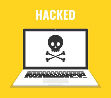Kafatası üstünde belgili tanımlık perde ile dizüstü bilgisayar. Virüs, korsan, Hack ve güvenlik kavramı. Vektör çizim. 