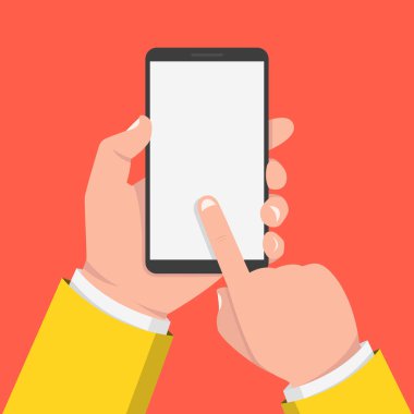 Akıllı telefon tutarak ve ekran dokunaklı el. Vektör çizim. 
