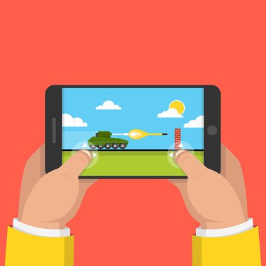 Akıllı telefon tutarak ve tank oyunu oynayan adam. Mobil oyun kavramı. Düz çizgi film tarzı. Vektör çizim kırmızı zemin üzerine