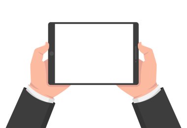 Tablet holding iki eller. Vektör çizim. 