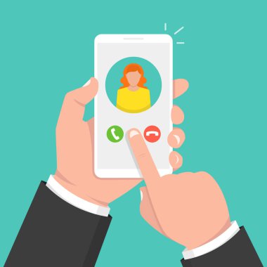 Smartphone ekran gelen arama. Bir yandan dokunmatik ekran smartphone ve parmak tutar. Kadın avatar. Vektör çizim. 