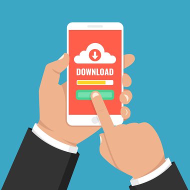 Dosya, bilgi kavramı indiriyor. Akıllı telefon tutarak ve ekran dokunaklı el. Vektör çizim.