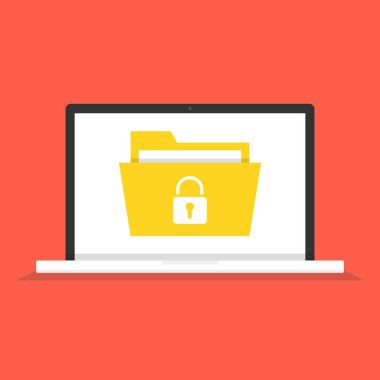 Dosya Koruması üstünde belgili tanımlık perde ile dizüstü bilgisayar. Veri güvenliği ve gizlilik kavramı. Güvenli gizli bilgi. Vektör çizim.