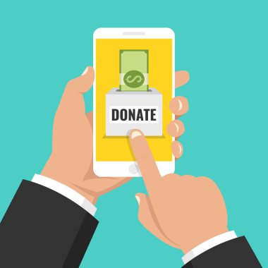 Online kavramı bağış yapın. Holding smartphone Doları para ile el ve bağış kutusu ekranda. Vektör çizim.