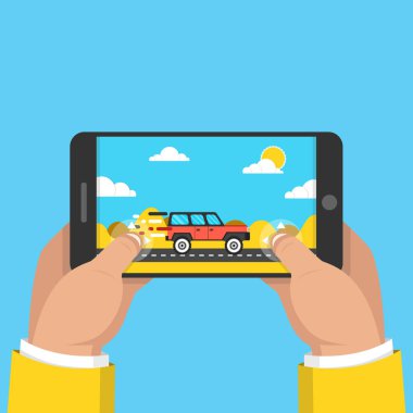 Akıllı telefon tutarak ve tank oyunu oynayan adam. Mobil oyun kavramı. Düz çizgi film tarzı. Mavi arka plan üzerinde vektör çizim
