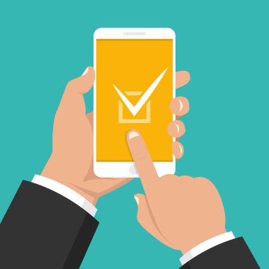 Smartphone ekranında liste düğmesini kontrol edin. Bir yandan dokunmatik ekran smartphone ve parmak tutar. Vektör çizim.