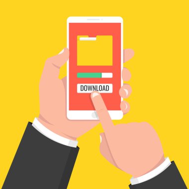 Dosya, bilgi kavramı indiriyor. Akıllı telefon tutarak ve ekran dokunaklı el. Vektör çizim.