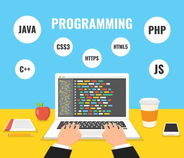 Çalışma Masası dizüstü bilgisayarda kodlama programcı. Ekran dizüstü bilgisayarda kod. Vektör çizim.