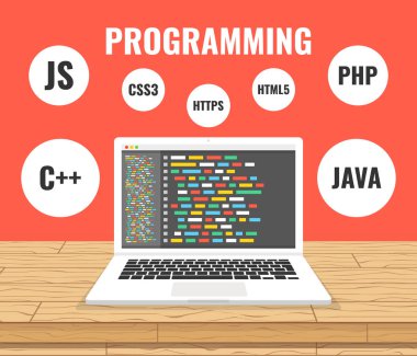 Programlama, web geliştirme kavramı. Ekran bilgisayarda kod. İş yerinde. Vektör çizim. Kırmızı bir arka plan