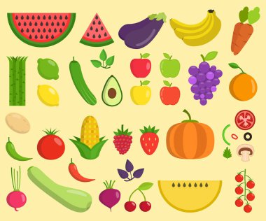 Meyve ve sebze kümesi. Düz vektör çizim.