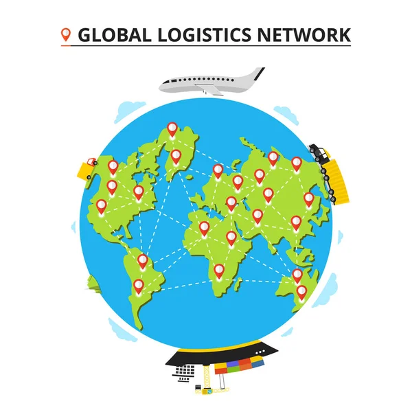 Globální Logistická Síť Nastavení Ikon Náklaďák Letadlo Van Nákladní Loď — Stockový vektor