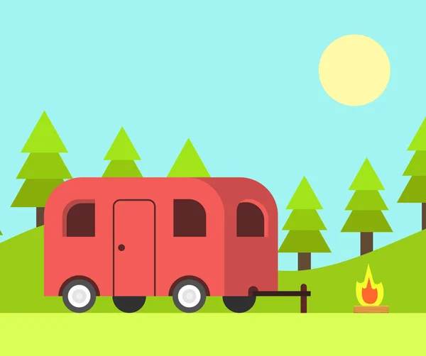 Camper Trailer Camping Scene Day Outdoor Landscape Vector Illustration — Stock Vector