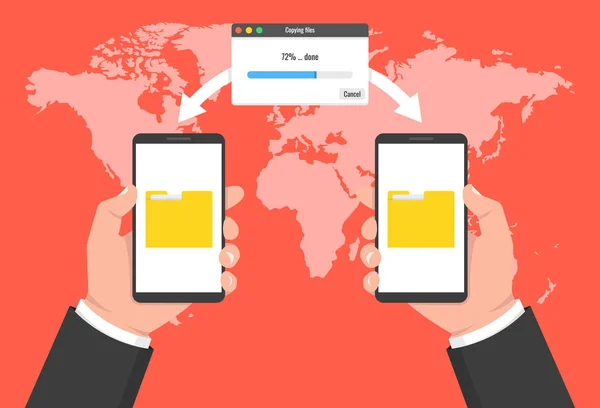 Duas Mãos Segurando Telefones Documentos Transferidos Conceito Transferência Ficheiros Ilustração —  Vetores de Stock