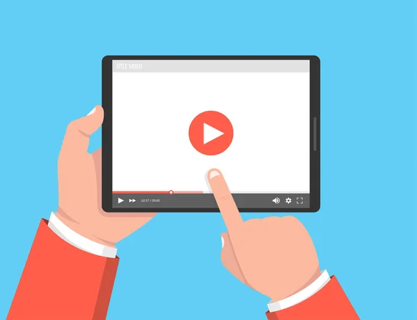 タブレットを保持していると 画面に触れる手 画面上のビデオ プレーヤー ベクトル図 — ストックベクタ
