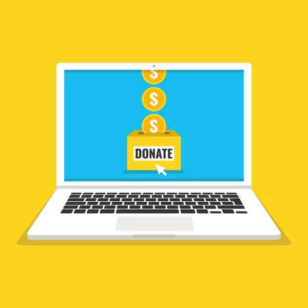 Donate Online Concept Laptop Gold Coins Donate Box Screen Vector — Stock Vector
