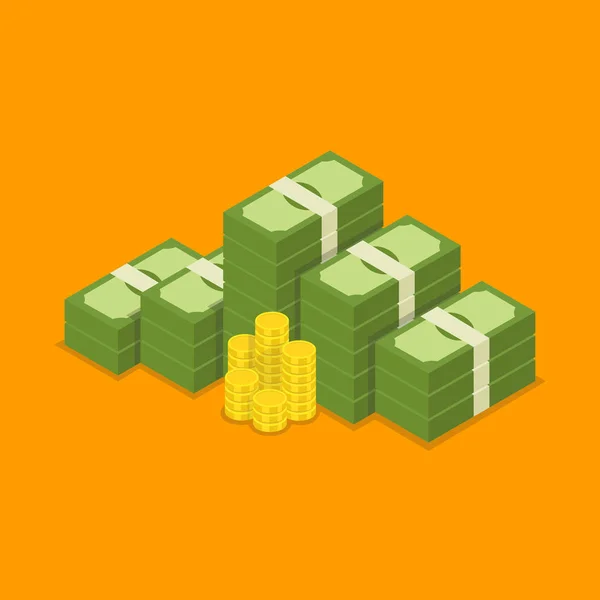 堆积如山的现金和金币 几百美元 在橙色背景的向量等距例证 — 图库矢量图片