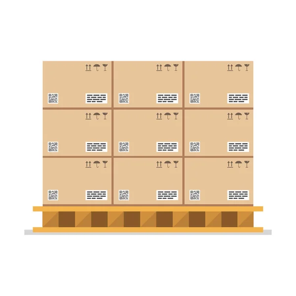 Kartons Mit Fragilen Schildern Und Strichcode Auf Holzpaletten Vektorillustration — Stockvektor