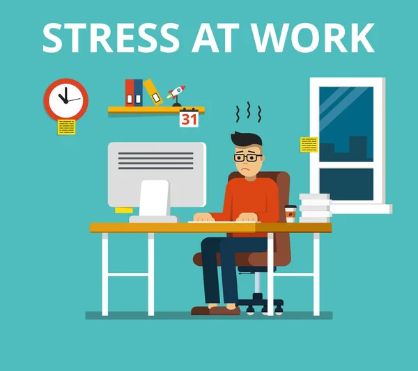 Stress Work Concept Tired Overworked Businessman Office Worker Sitting His — Stock Vector