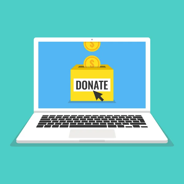 Online kavramı bağış yapın. Laptop ile altın sikkeler ve bağış kutusu ekranda. Vektör çizim. 