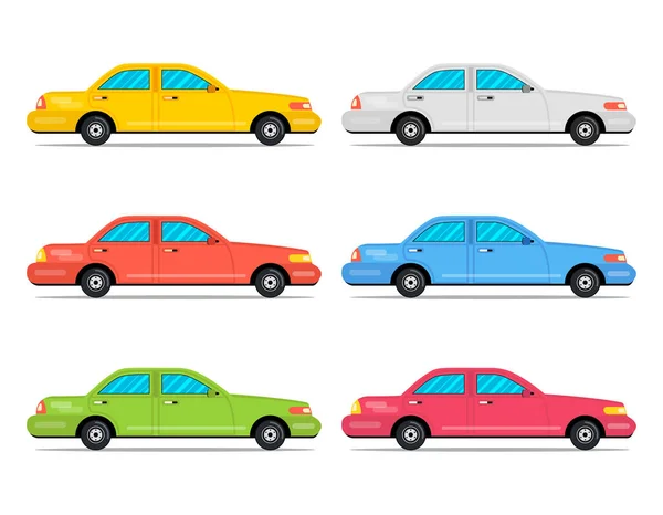 Έξι Αυτοκίνητα Πλαϊνή Όψη Επίπεδη Κινούμενων Σχεδίων Ύφος Εικονογράφηση Διάνυσμα — Διανυσματικό Αρχείο