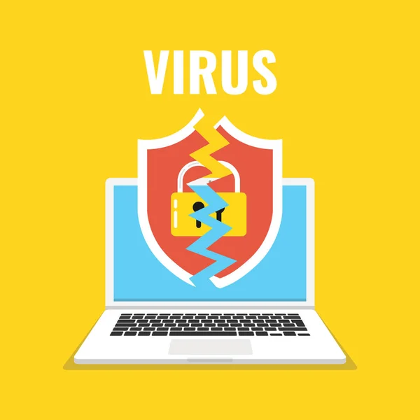 ラップトップ画面上に壊れたシールド ウイルス 不正コピー ハッキング セキュリティの概念 ベクトル図 — ストックベクタ