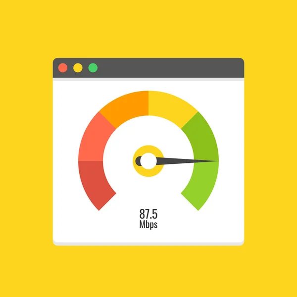 ウェブサイトのローディング タイムを短縮します 良い高速ページの読み込み速度の時間を示すスピード メーター テストで Web ブラウザー ベクトル図 — ストックベクタ