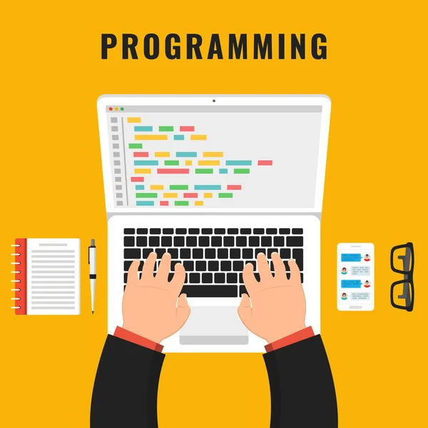 Çalışma Masası dizüstü bilgisayarda kodlama programcı. Ekran dizüstü bilgisayarda kod. Vektör çizim.