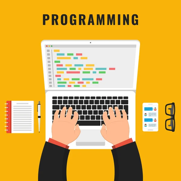 プログラマーの仕事の机の上のノート パソコン上でコーディングします スクリーンのラップトップ上のコードします ベクトル図 — ストックベクタ