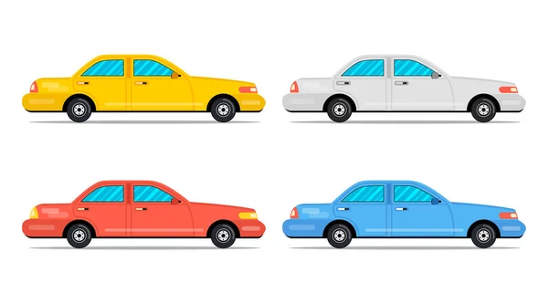 Τέσσερα Αυτοκίνητα Πλαϊνή Όψη Επίπεδη Κινούμενων Σχεδίων Ύφος Εικονογράφηση Διάνυσμα — Διανυσματικό Αρχείο