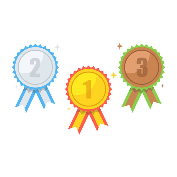 Золотая, серебряная, бронзовая медали за первое место. Трофей, награда победителя выделена на белом фоне. Достижения, концепция победы. Плоский шарж в стиле. Векторная иллюстрация
. 