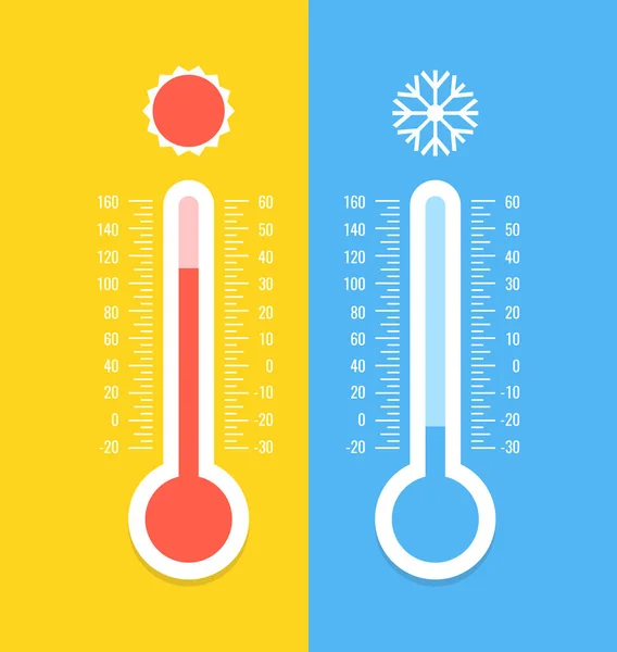 Termometre ve kar tanesi, güneş simgeler. Celsius ve fahrenheit. Sıcak ve soğuk sıcaklık ölçme. Vektör çizim.