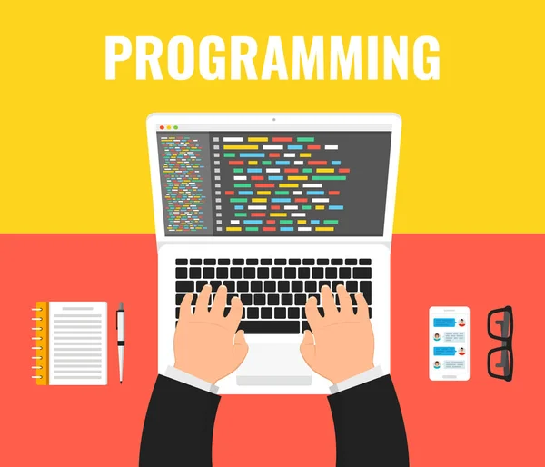 Programmierer Codierung Auf Laptop Computer Schreibtisch Code Auf Dem Bildschirm — Stockvektor