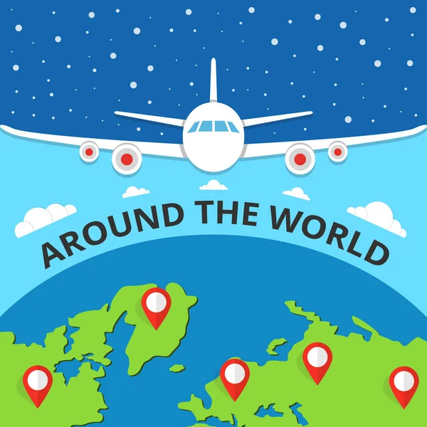 Mapa Del Mundo Con Avión Viajar Alrededor Del Mundo Concepto — Vector de stock
