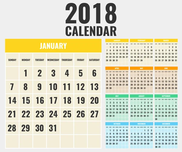 Modelo Calendário Para 2018 Ano Semana Começa Domingo Ilustração Vetorial —  Vetores de Stock