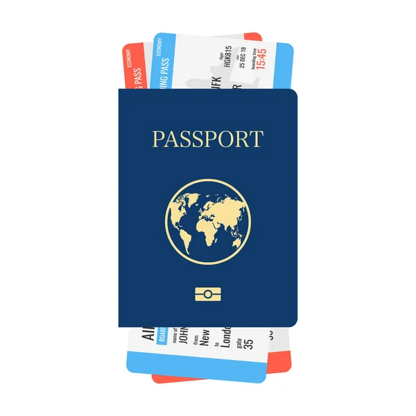 Pasaporte Azul Internacional Con Entradas Concepto Viaje Aéreo Ilustración Vectorial — Vector de stock