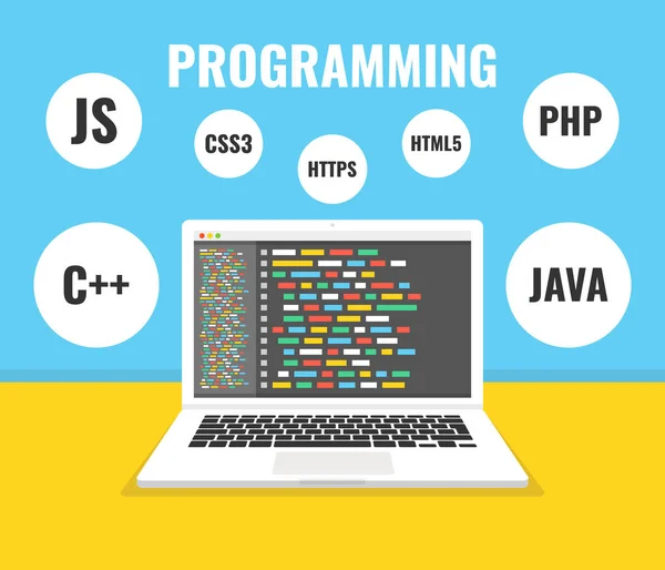 Programozás Web Fejlesztési Koncepció Számítógép Képernyő Kód Munkahelyen Vektoros Illusztráció — Stock Vector