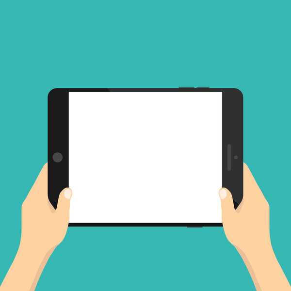 Hand holding tablet and touching screen. Flat vector illustration.
