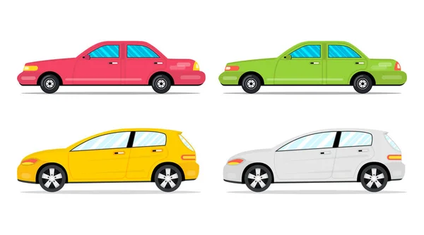 Vista Lateral Cuatro Coches Estilo Plano Dibujos Animados Ilustración Vectorial — Archivo Imágenes Vectoriales