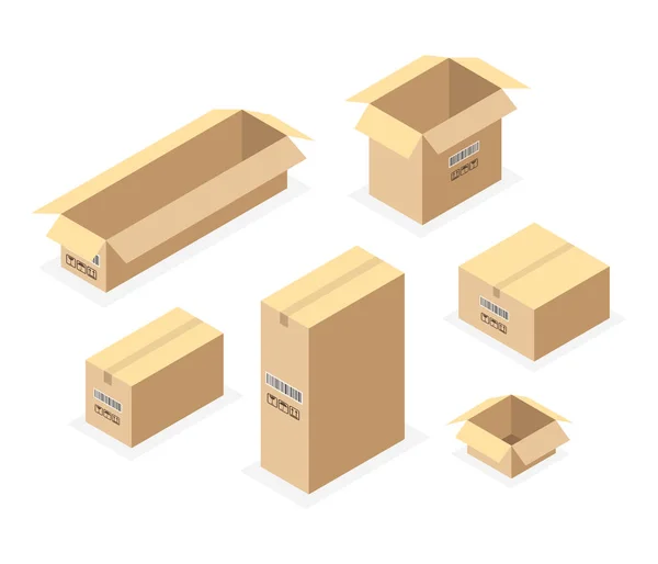Conjunto Cajas Cartón Isométricas Aisladas Set Cajas Cartón Cerradas Abiertas — Vector de stock