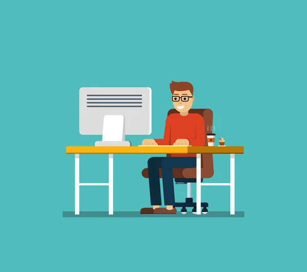 Hombre Trabajando Oficina Detrás Escritorio Con Computadora Escritorio Café Ilustración — Vector de stock