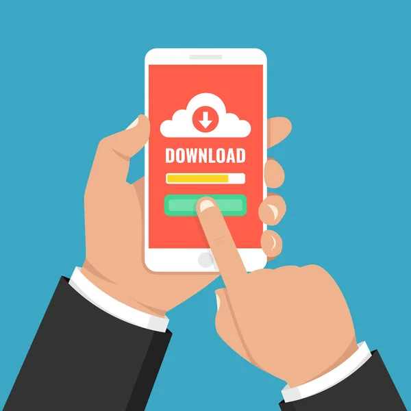 ファイルのダウンロード 情報の概念 スマート フォンを押し 画面に触れる手 ベクトル図 — ストックベクタ