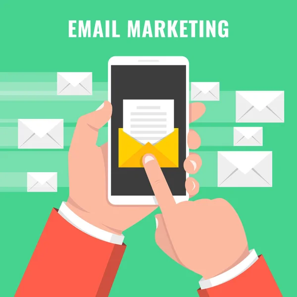 Smartphone Con Busta Leggere Mail Sullo Schermo Email Marketing Concetti — Vettoriale Stock