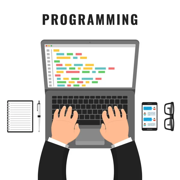 Programmeur Codage Sur Ordinateur Portable Sur Bureau Code Sur Ordinateur — Image vectorielle