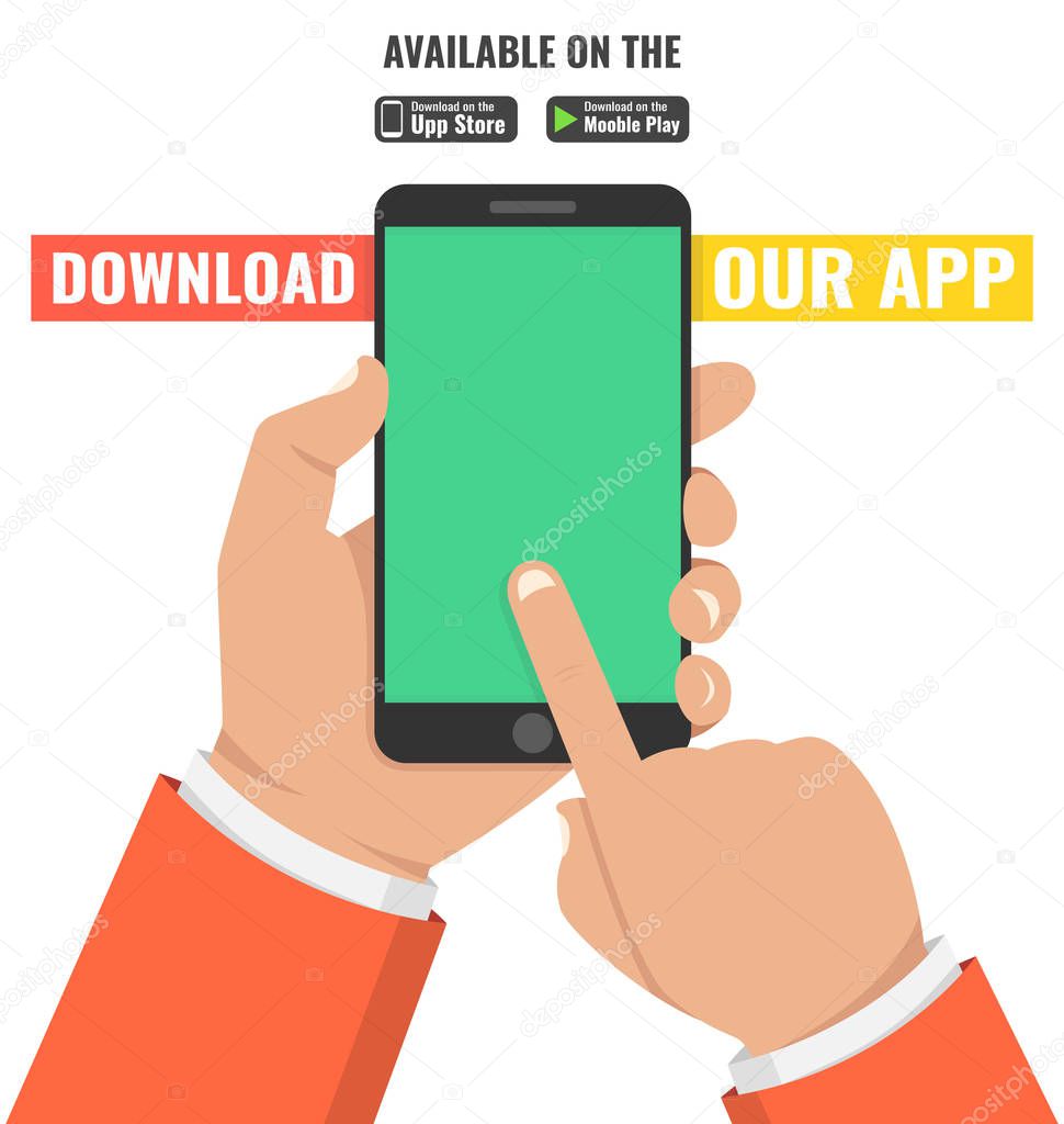 Download page of the mobile app on white background. Hand holding smartphone and touching screen. Vector illustration. 