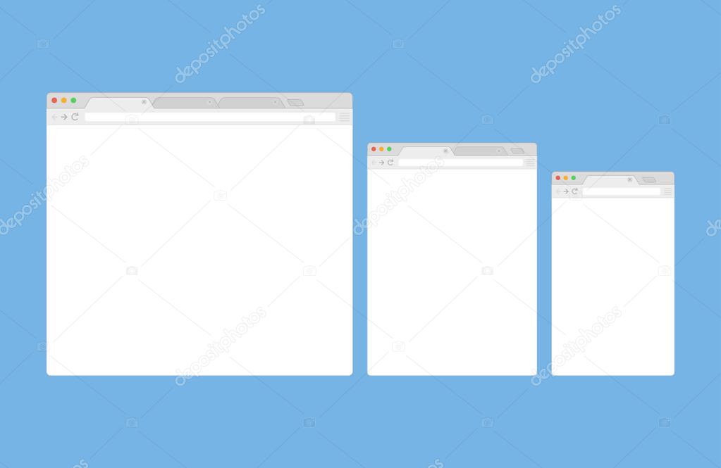 three Open Internet browser windows in a flat style. Design a simple blank web page.