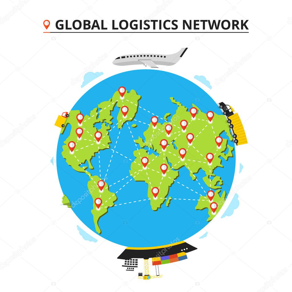 Global logistics network. Set icons: truck, van, airplane, cargo ship. Transportation over world. Flat vector illustration. 