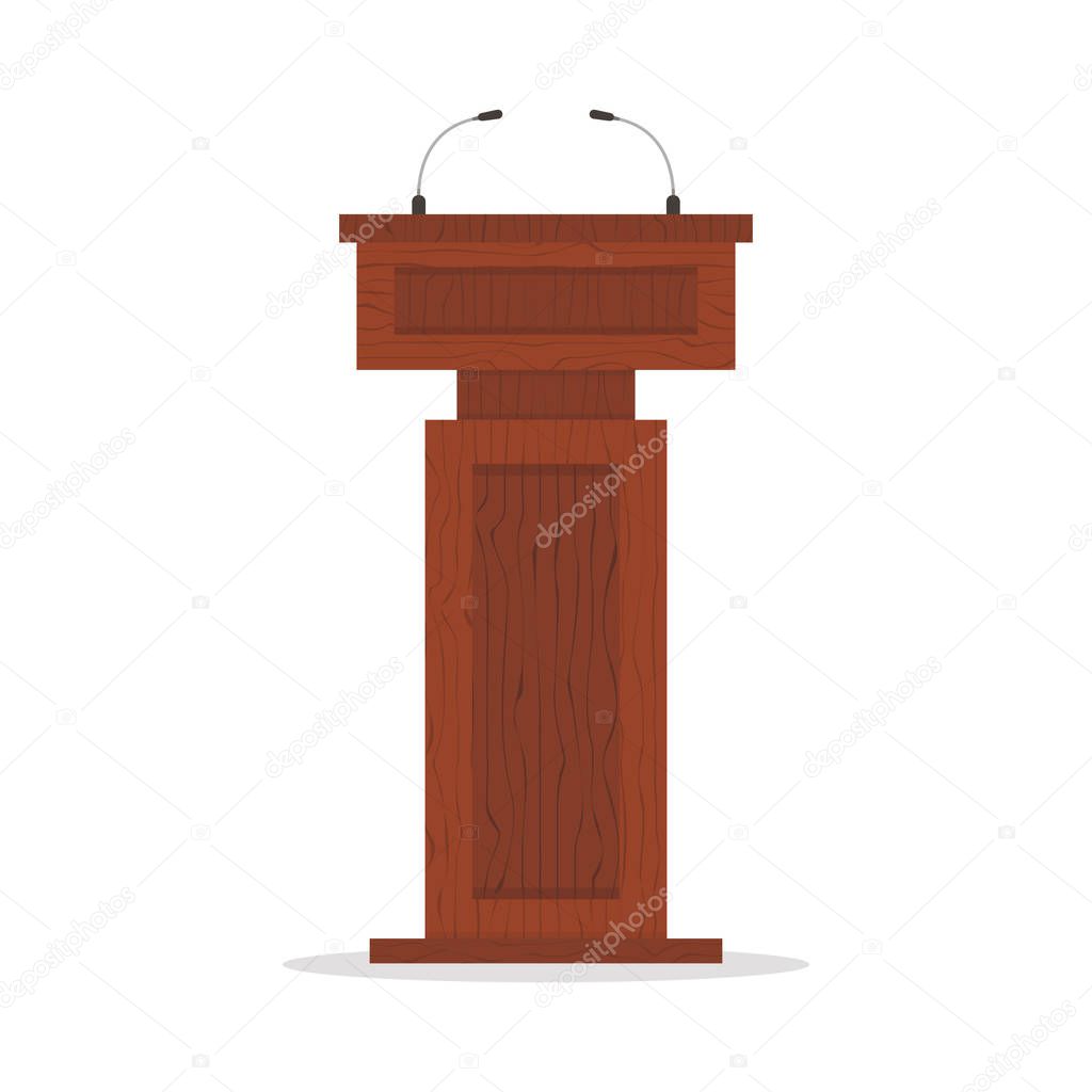 Wooden podium tribune stand rostrum with microphones. Flat cartoon style. Vector illustration.